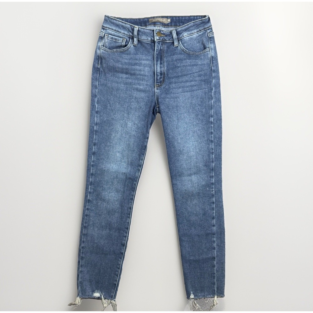Just USA Women's Skinny Jeans Size 6/28 Blue Mid Rise Raw Hem Distressed Stretch